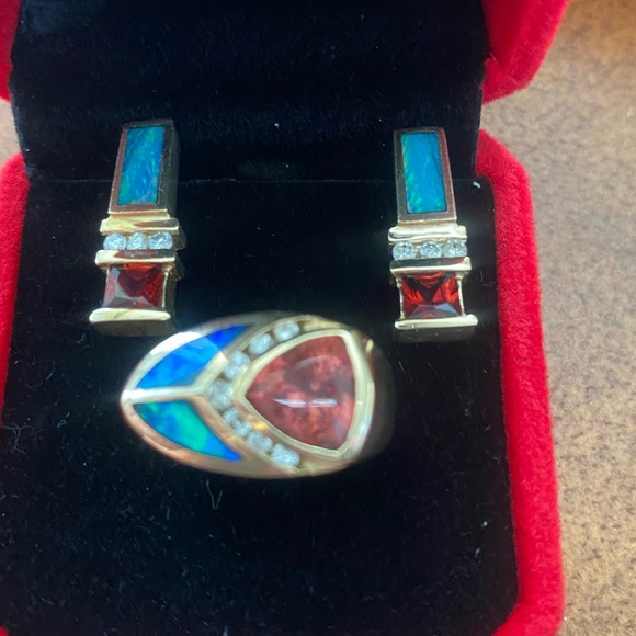 TURMALINE, INLAID OPAL & DIAMOND IN 14KT GOLD RING  & EARRINGS.  Could Be Kavana - Picture 2 of 11